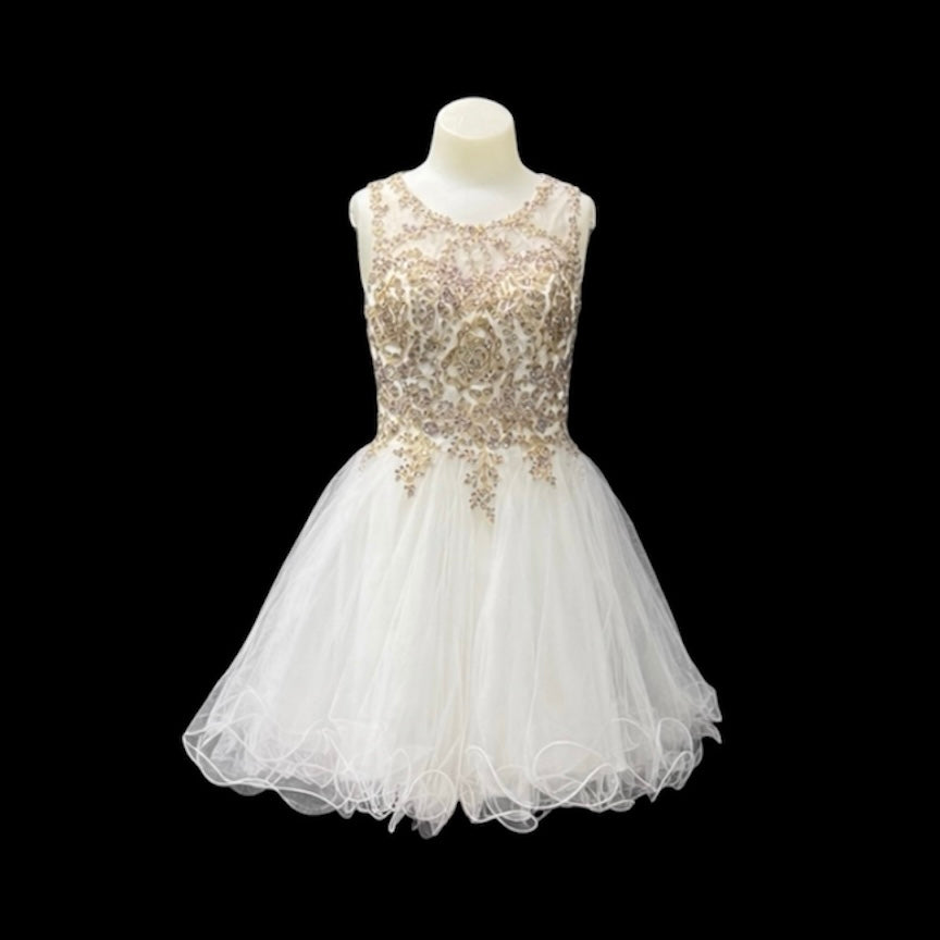 White & Gold Embroidered Jr. Grad Dress with Rhinestone Bodice and Tulle Skirt (Small)