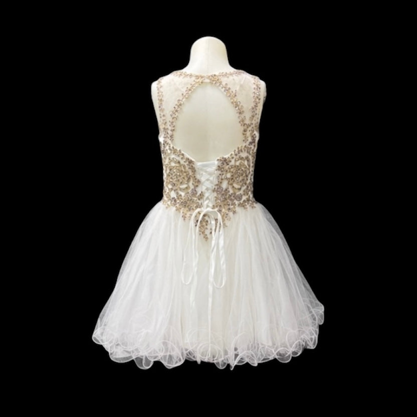White & Gold Embroidered Jr. Grad Dress with Rhinestone Bodice and Tulle Skirt (Small)