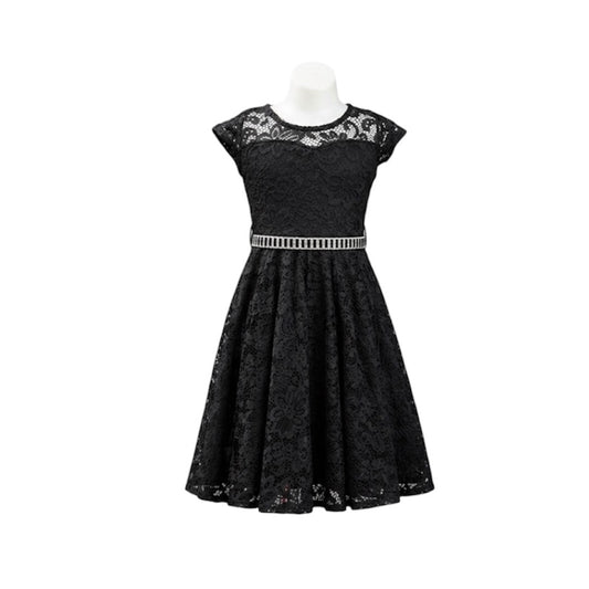 Black Lace Short Sleeve Knee-Length Dress with Rhinestone Belt