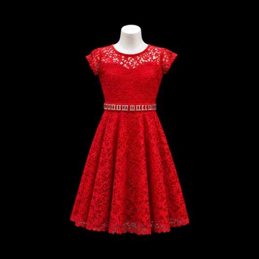 Red Lace Short Sleeve Knee-Length Dress with Rhinestone Belt