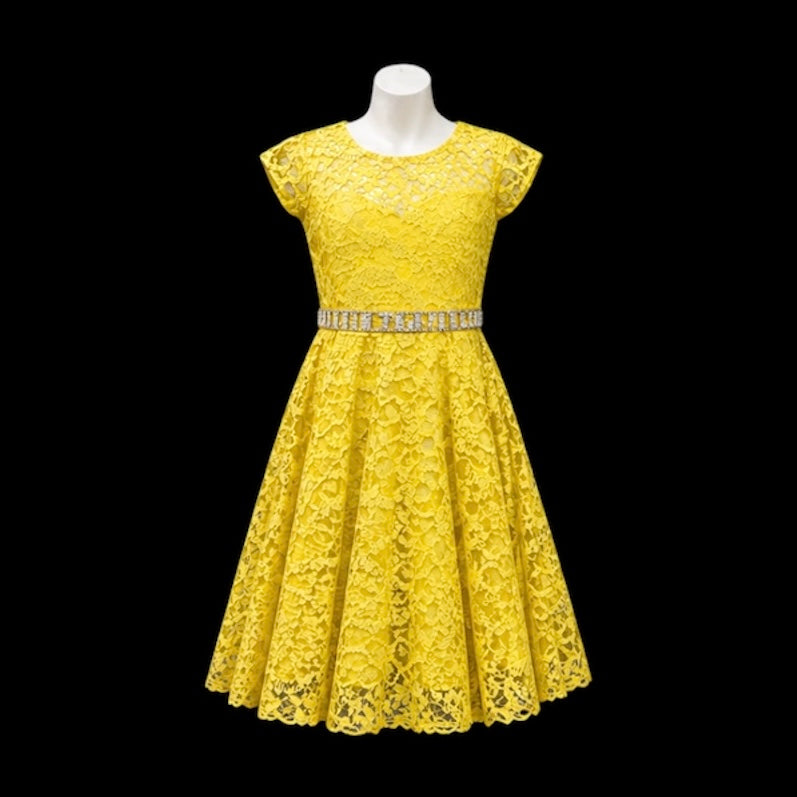 Yellow Lace Short Sleeve Knee-Length Dress with Rhinestone Belt