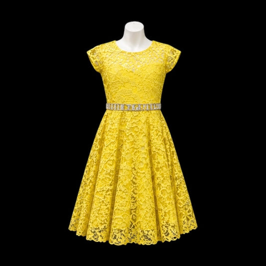 Yellow Lace Short Sleeve Knee-Length Dress with Rhinestone Belt