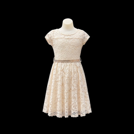 Champagne Lace Short Sleeve Knee-Length Dress with Rhinestone Belt