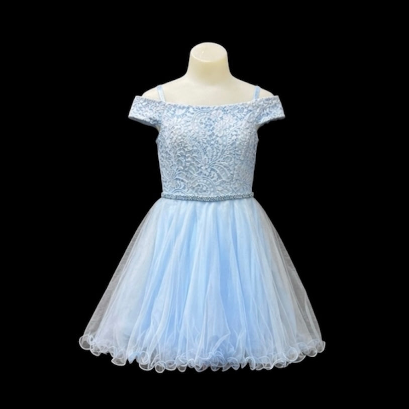 Baby Blue Off-the-Shoulder Lace Jr. Grad Dress with Tulle Skirt & Rhinestone Waist (XS)