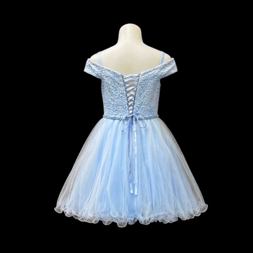 Baby Blue Off-the-Shoulder Lace Jr. Grad Dress with Tulle Skirt & Rhinestone Waist (XS)