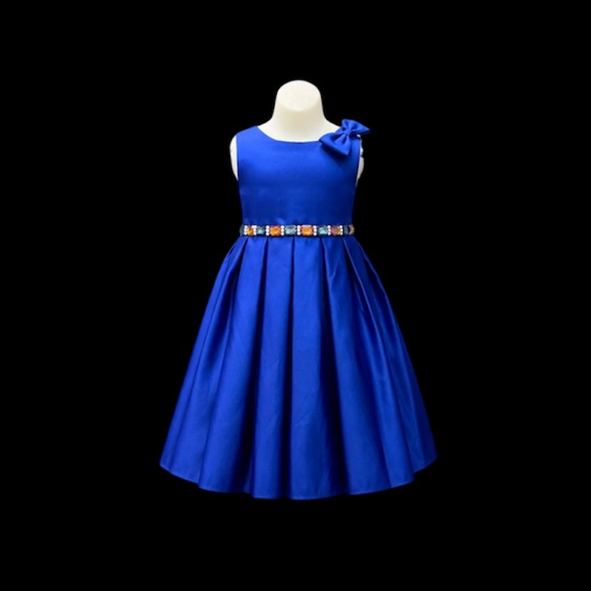 Royal Blue Tea-Length Satin Dress with Shoulder Bow & Multicolor Rhinestone Waist (Size 4)