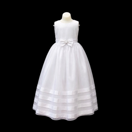 White Floor-Length Satin & Organza Dress with Rhinestone Bow Waist and Lace-Up Back