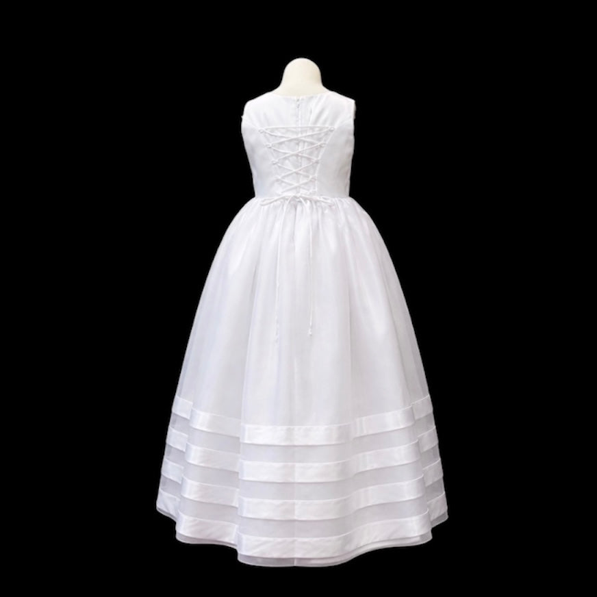 White Floor-Length Satin & Organza Dress with Rhinestone Bow Waist and Lace-Up Back