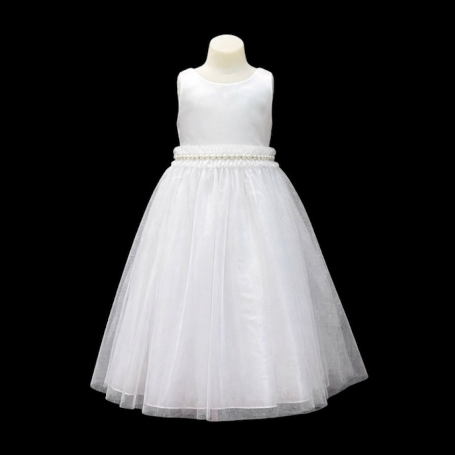 White Tea-Length Tulle Dress with Pearl & Rhinestone Waist Detail (Size 14)