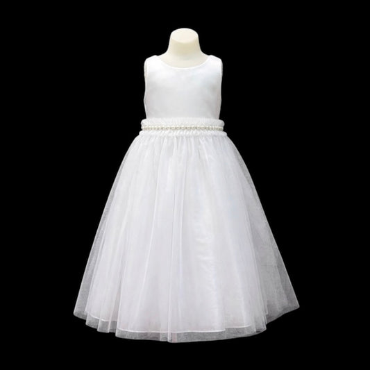 White Tea-Length Tulle Dress with Pearl & Rhinestone Waist Detail (Size 14)