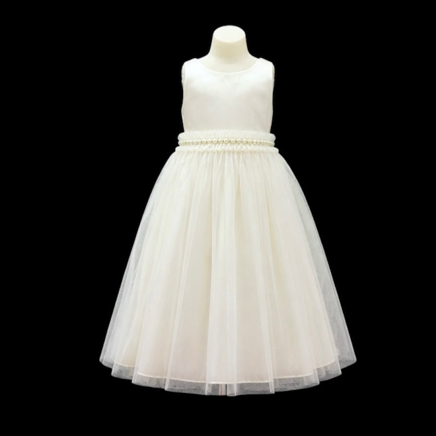 Ivory Tea-Length Tulle Dress with Pearl & Rhinestone Waist Detail