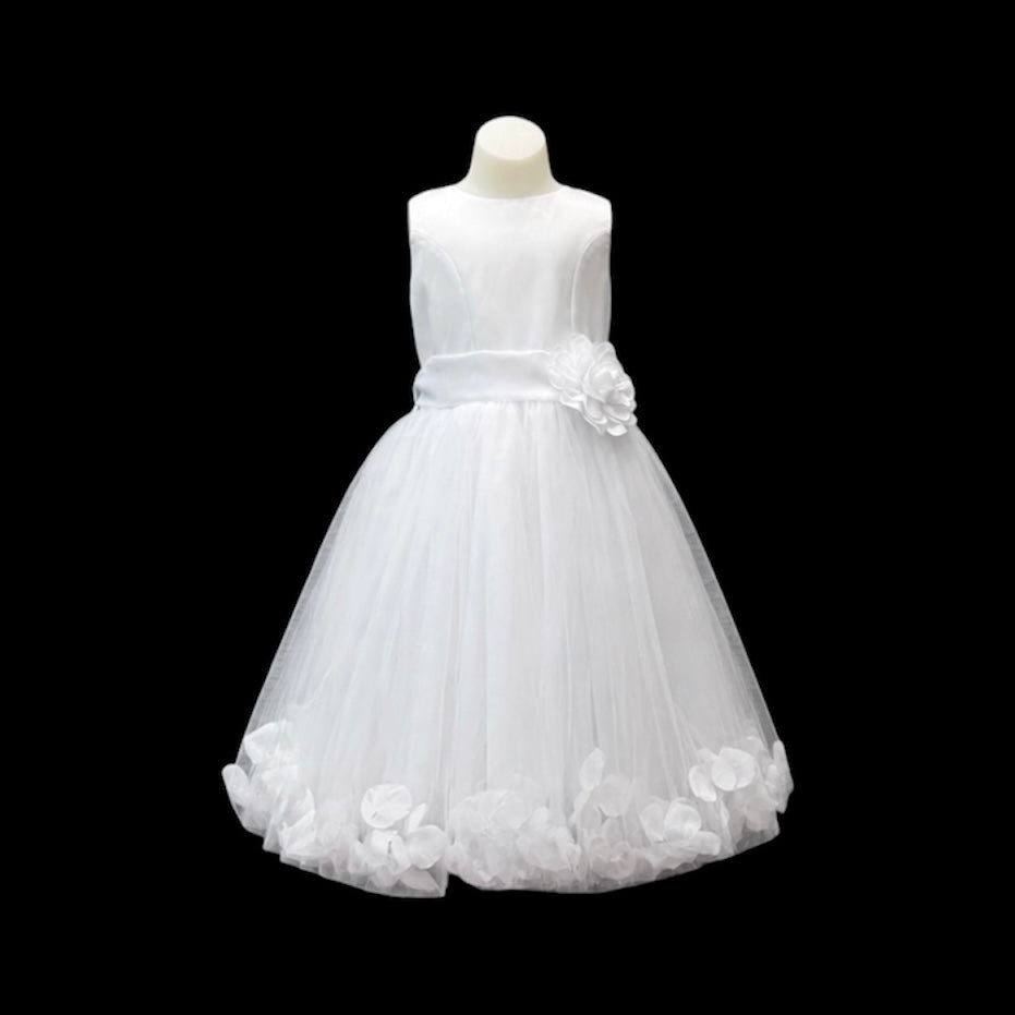 White Tea-Length Tulle Dress with Floral Petal Skirt & Rosette Waist Detail