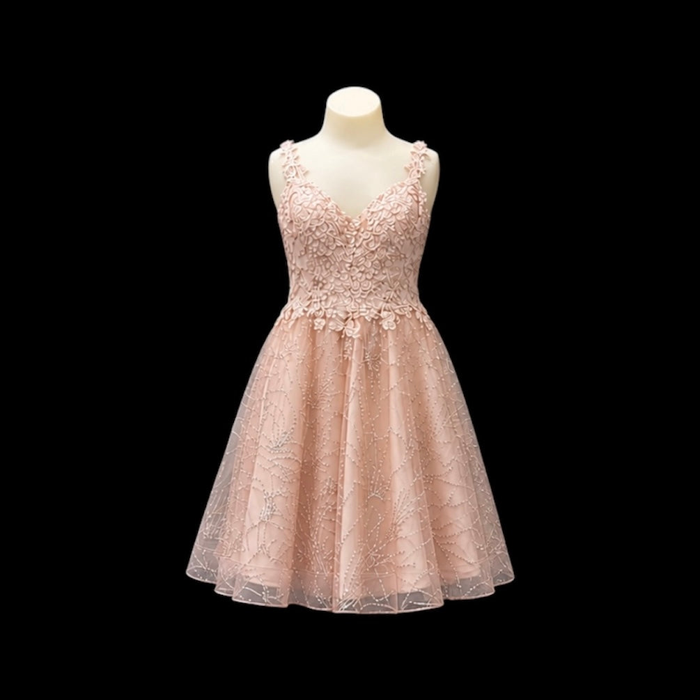 Blush Embroidered Jr. Grad Dress with Glitter Tulle Skirt and Floral Strap Detail (XS)