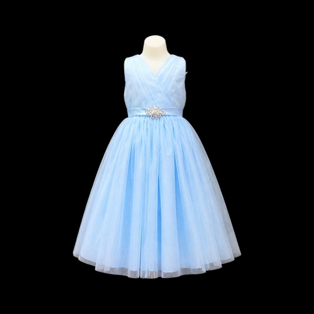 Sky Blue Glitter Tulle Tea-Length Dress with V-Neck Pleated Bodice & Rhinestone Waist Brooch