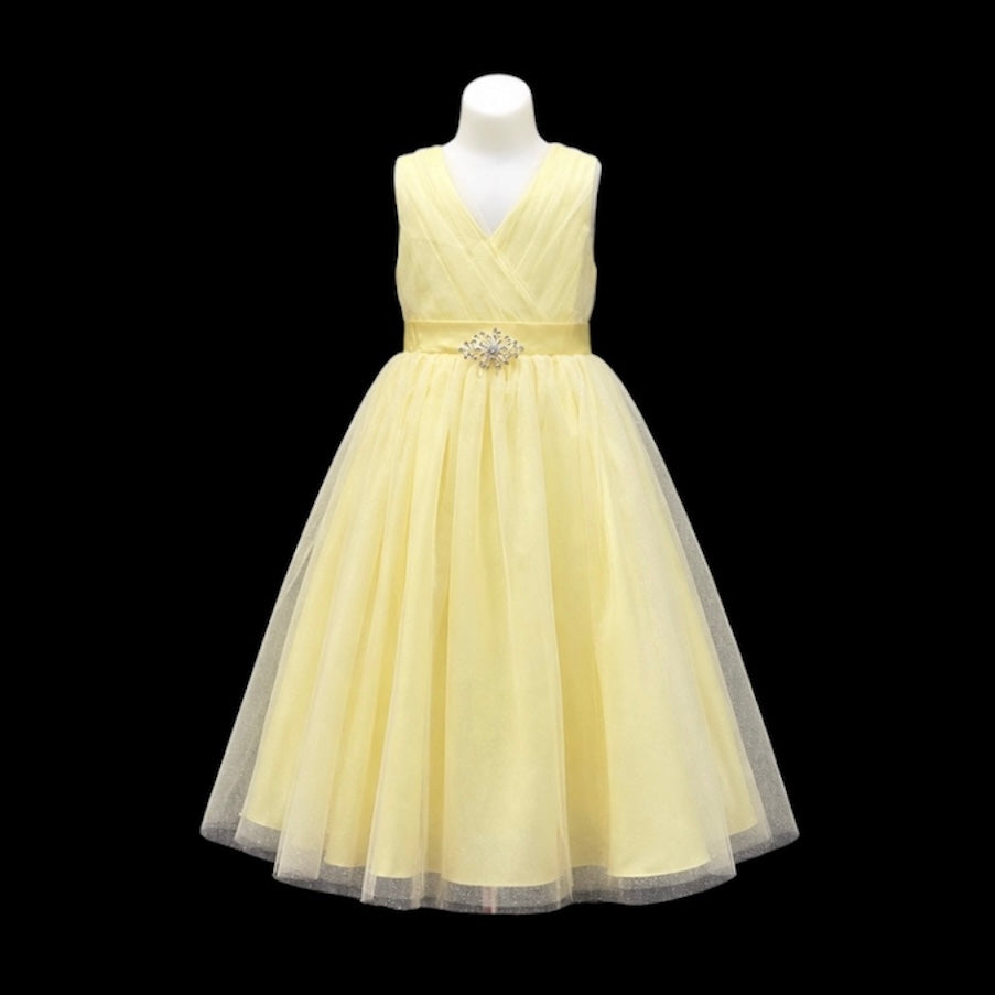 Yellow Glitter Tulle Tea-Length Dress with V-Neck Pleated Bodice & Rhinestone Waist Brooch (Size 10)