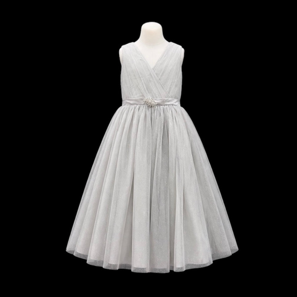 Silver Glitter Tulle Tea-Length Dress with V-Neck Pleated Bodice & Rhinestone Waist Brooch (Size 16)