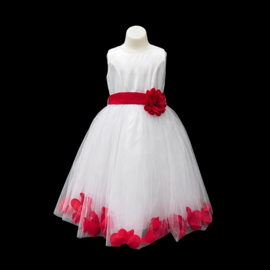 White Tea-Length Tulle Dress with Floral Coloured Petal Skirt & Rosette Waist Detail