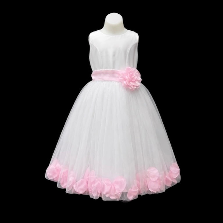 White Tea-Length Tulle Dress with Floral Coloured Petal Skirt & Rosette Waist Detail
