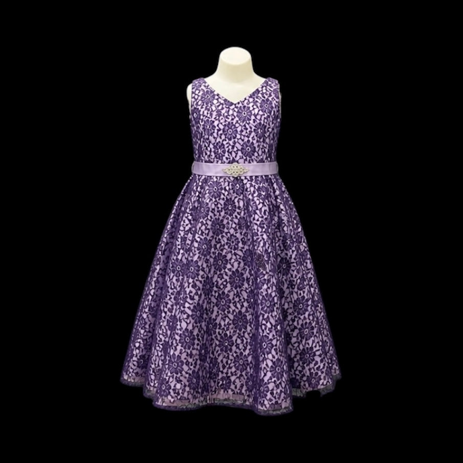 Lavender & Purple Lace Ankle-Length Dress with V-Neckline & Rhinestone Waist Detail