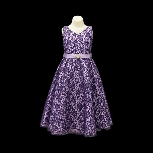 Lavender & Purple Lace Ankle-Length Dress with V-Neckline & Rhinestone Waist Detail