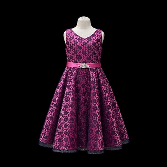 Fuchsia & Navy Lace Ankle-Length Dress with V-Neckline & Rhinestone Waist Detail (Size 16) (Copy)
