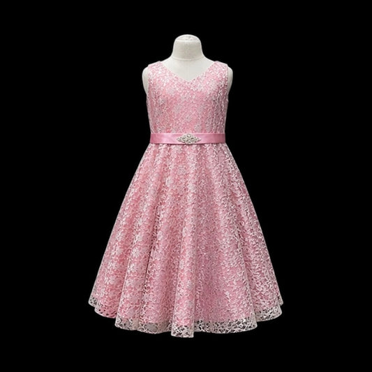 Pink & Grey Lace Ankle-Length Dress with V-Neckline & Rhinestone Waist Detail (Size 16)