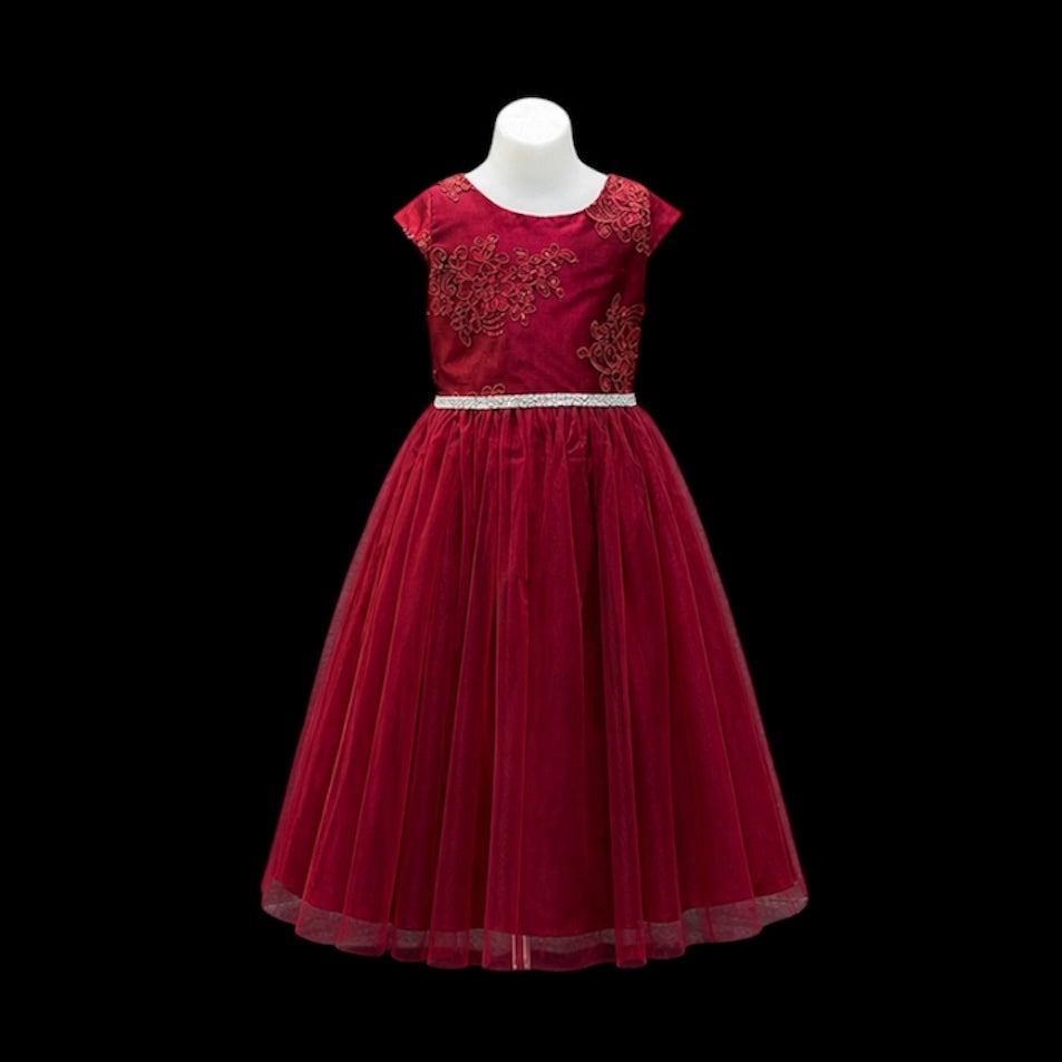 Cap Sleeve Burgundy Floral Embroidered Tulle Dress w/ Rhinestone Belt