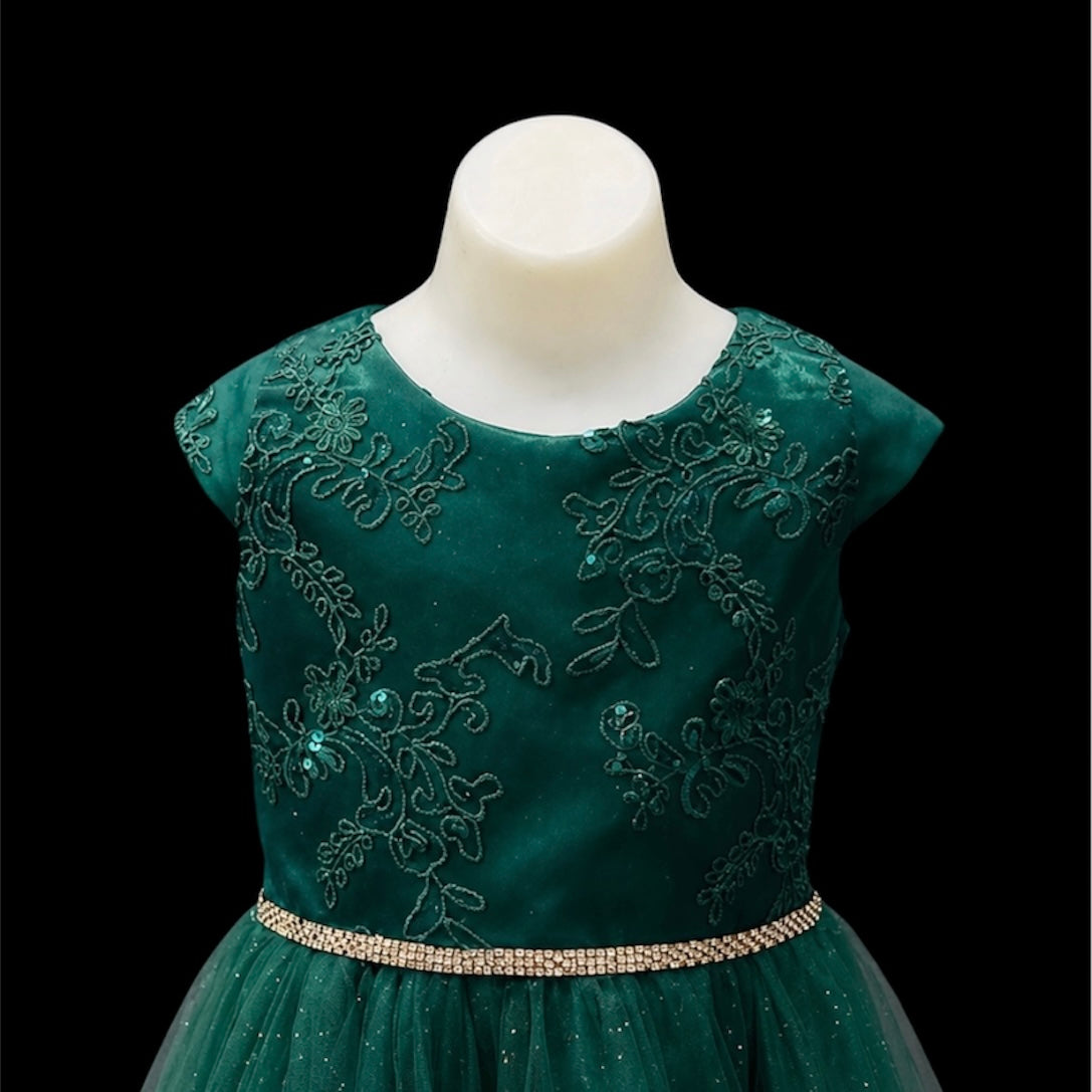 Cap Sleeve Emerald Green Floral Embroidered Tulle Dress w/ Rhinestone Belt