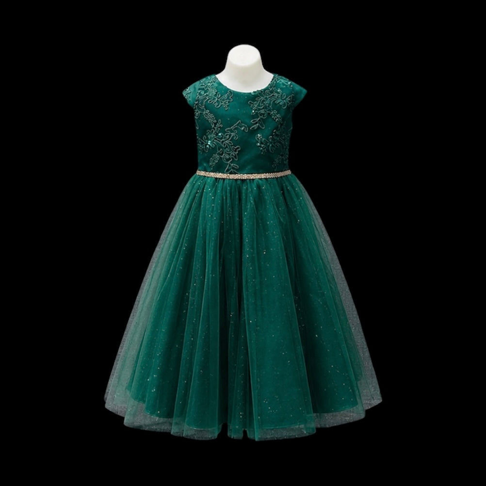 Cap Sleeve Emerald Green Floral Embroidered Tulle Dress w/ Rhinestone Belt