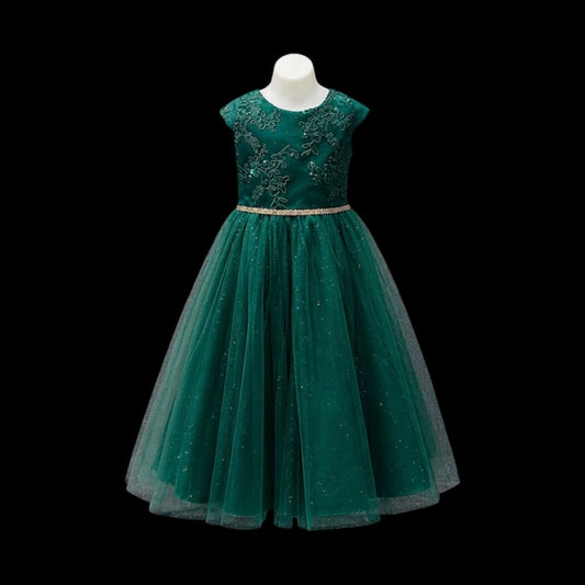 Cap Sleeve Emerald Green Floral Embroidered Tulle Dress w/ Rhinestone Belt