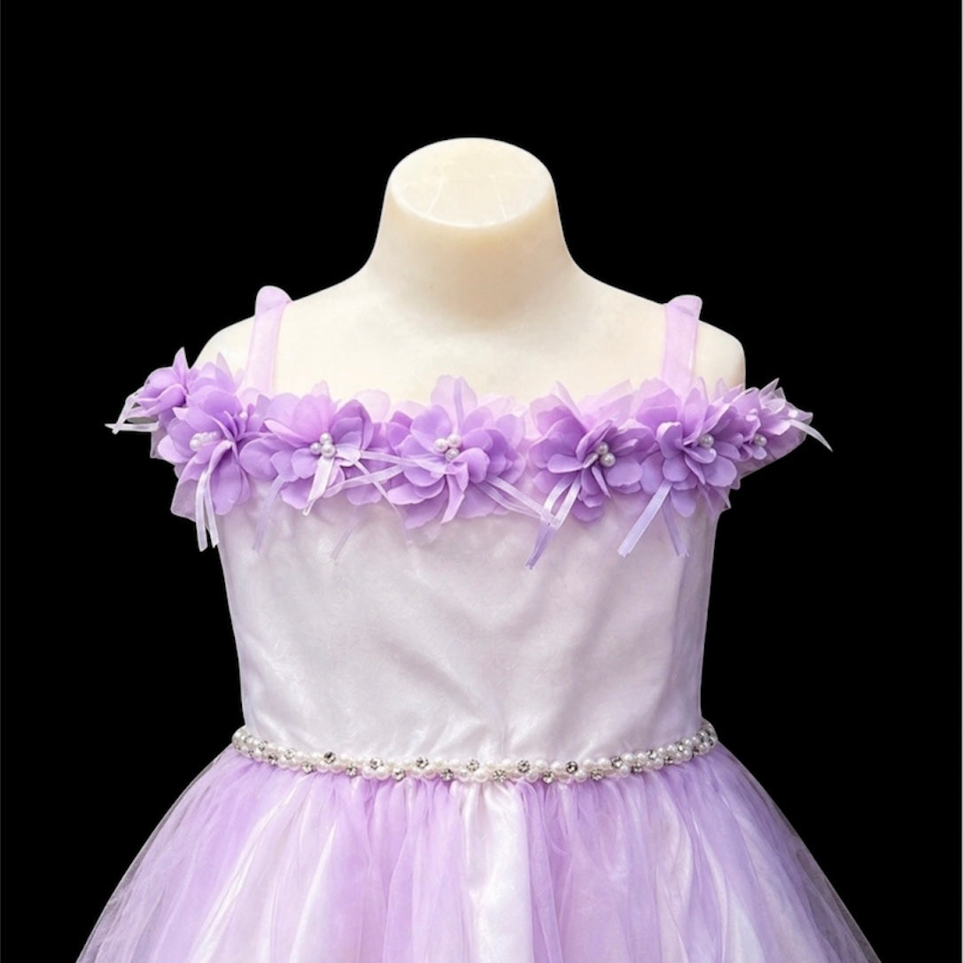 Lilac Off-the-Shoulder Flower Girl Dress with Floral Neckline & Tulle Skirt
