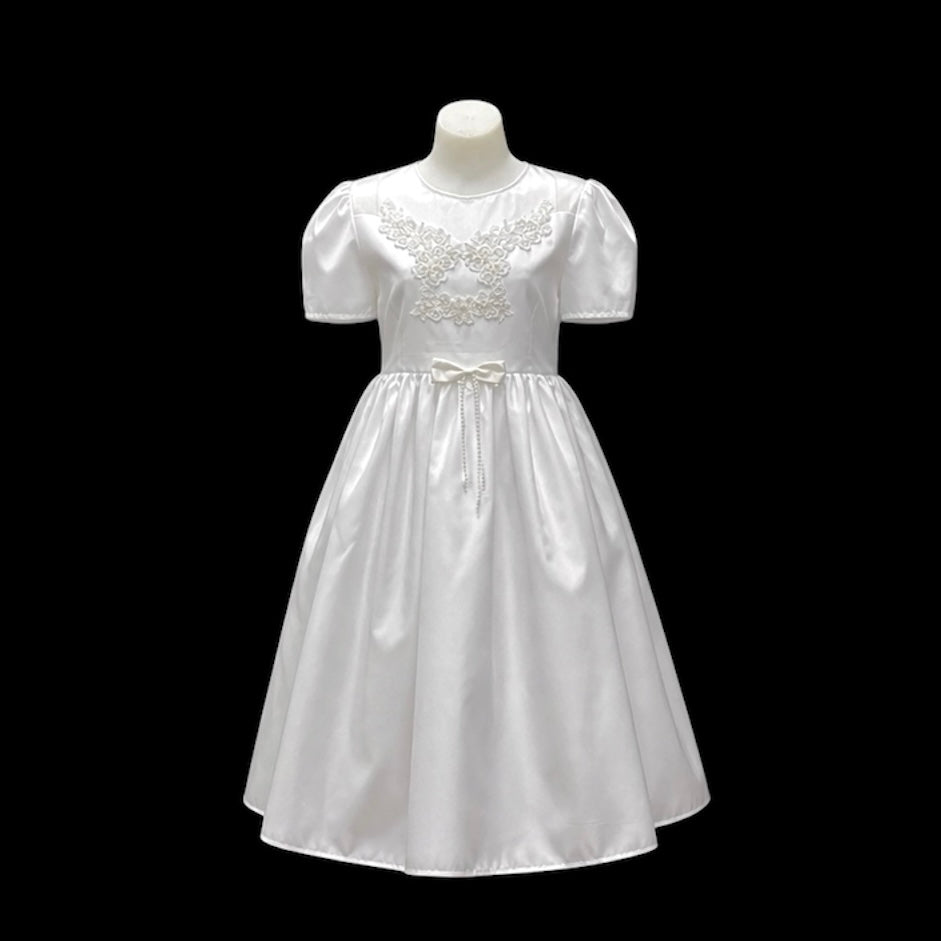 White Short Sleeve Dress with Embroidered Bodice & Pearl Bow Waist - Final Sale