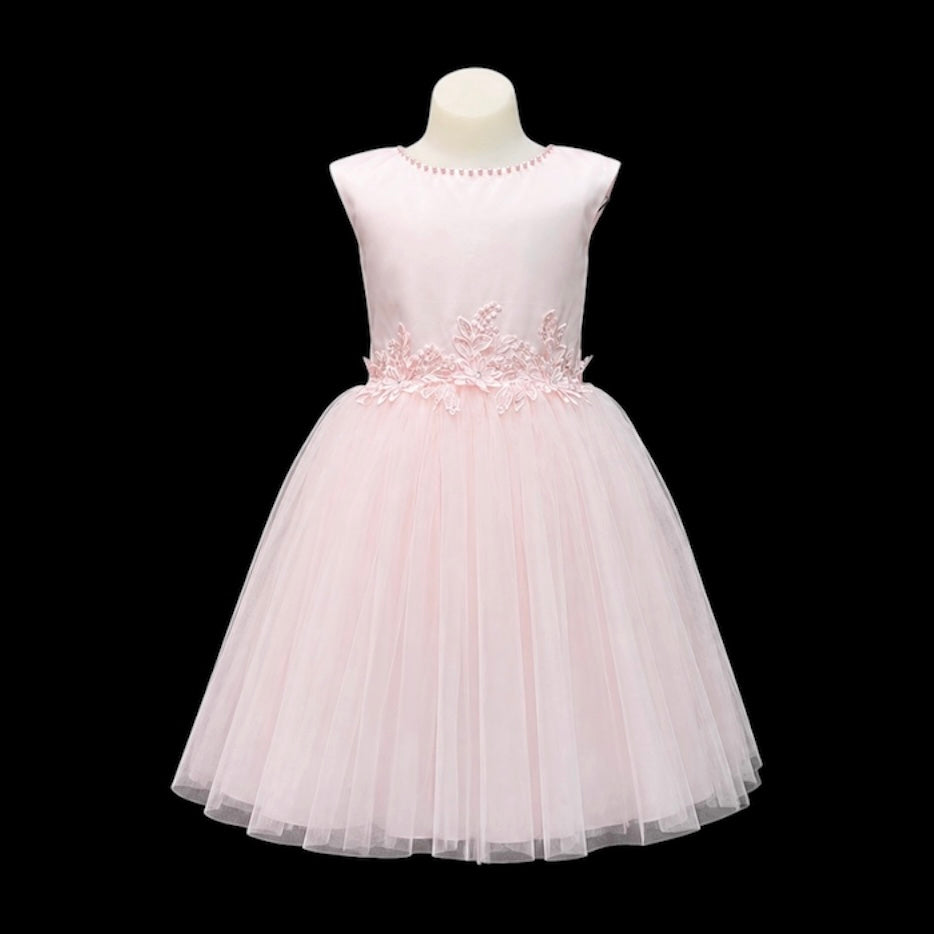 Blush Pink Tea-Length Cap Sleeve Dress with Pearl Neckline & Lace-Up Back
