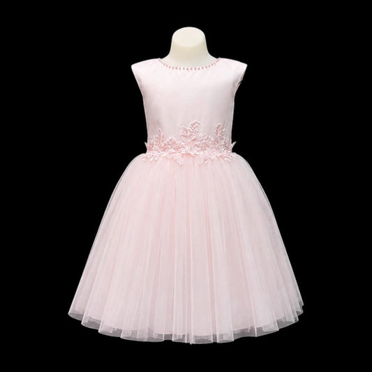 Blush Pink Tea-Length Cap Sleeve Dress with Pearl Neckline & Lace-Up Back