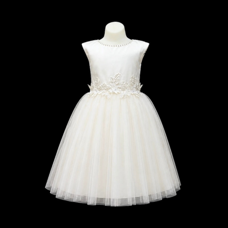 Tea-Length Cap Sleeve Dress with Pearl Neckline & Lace-Up Back