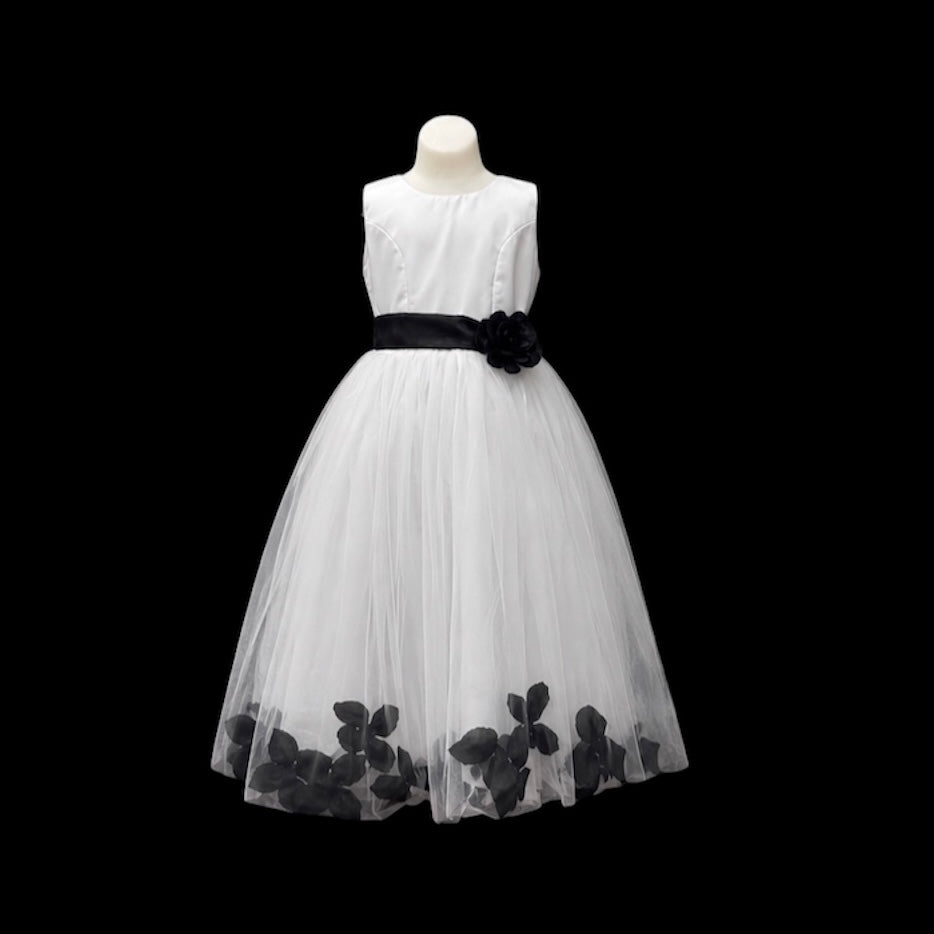 White Tea-Length Tulle Dress with Floral Coloured Petal Skirt & Rosette Waist Detail