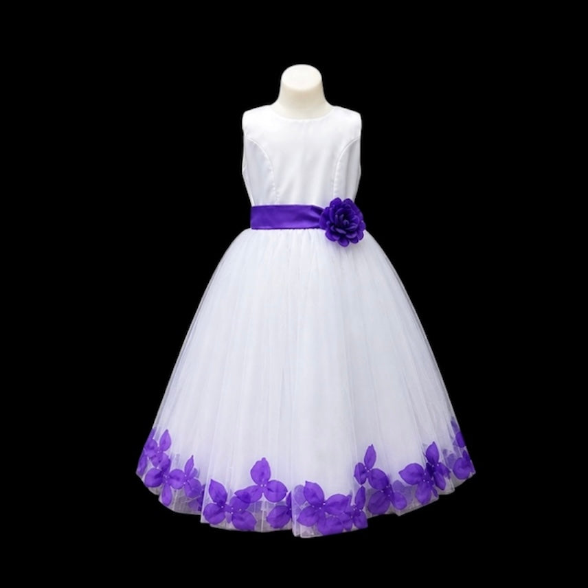 White Tea-Length Tulle Dress with Floral Coloured Petal Skirt & Rosette Waist Detail