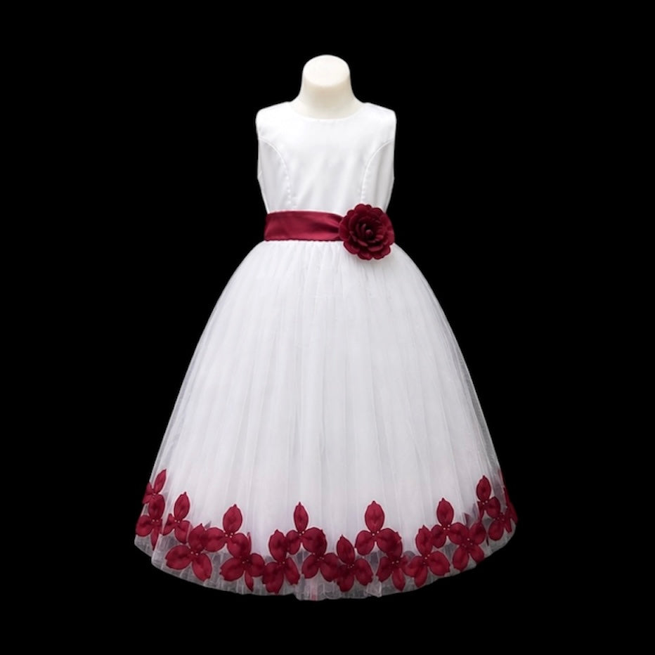 White Tea-Length Tulle Dress with Floral Coloured Petal Skirt & Rosette Waist Detail