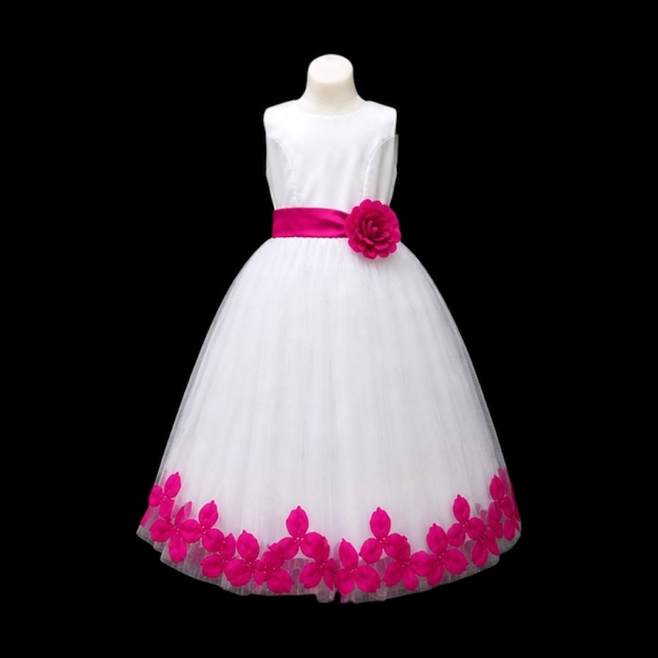 White Tea-Length Tulle Dress with Floral Coloured Petal Skirt & Rosette Waist Detail