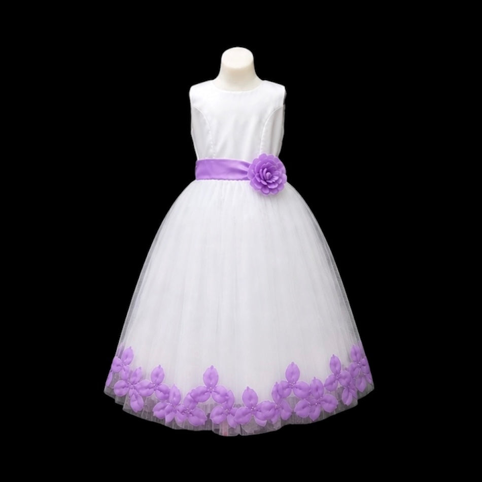 White Tea-Length Tulle Dress with Floral Coloured Petal Skirt & Rosette Waist Detail