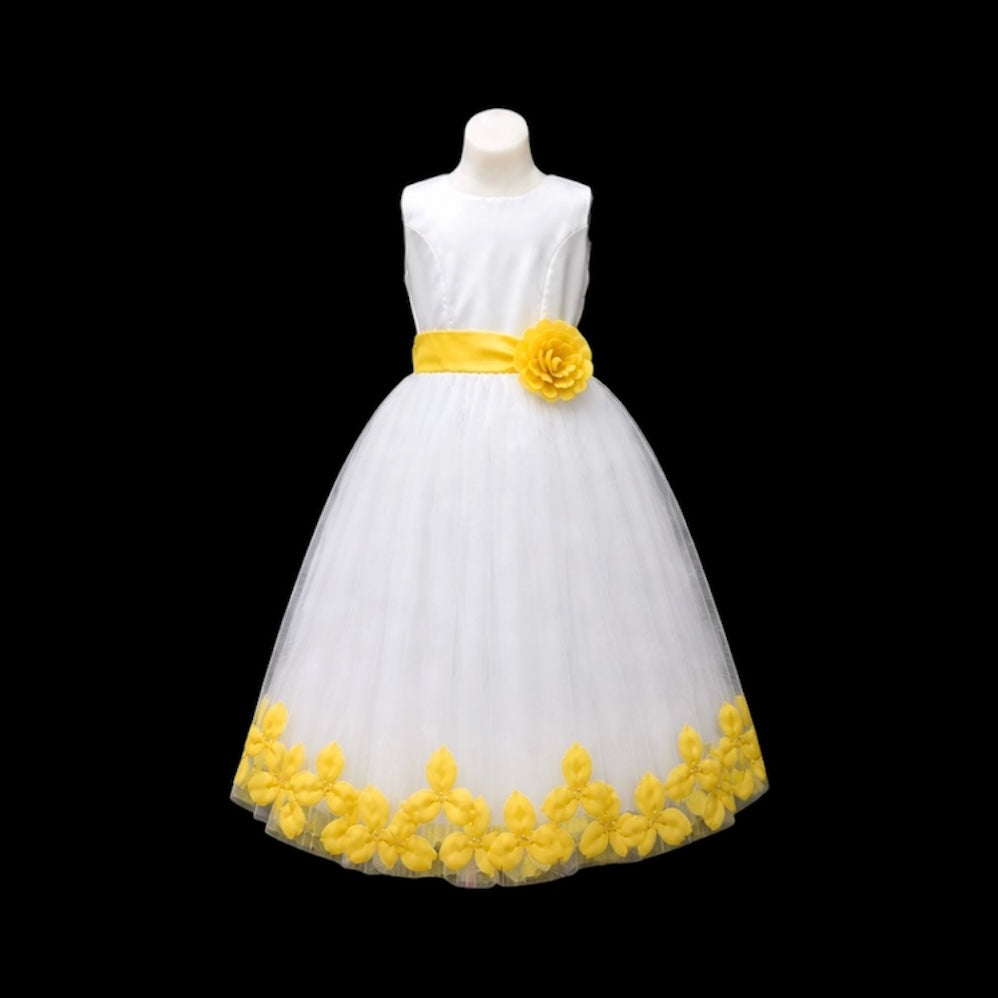 White Tea-Length Tulle Dress with Floral Coloured Petal Skirt & Rosette Waist Detail