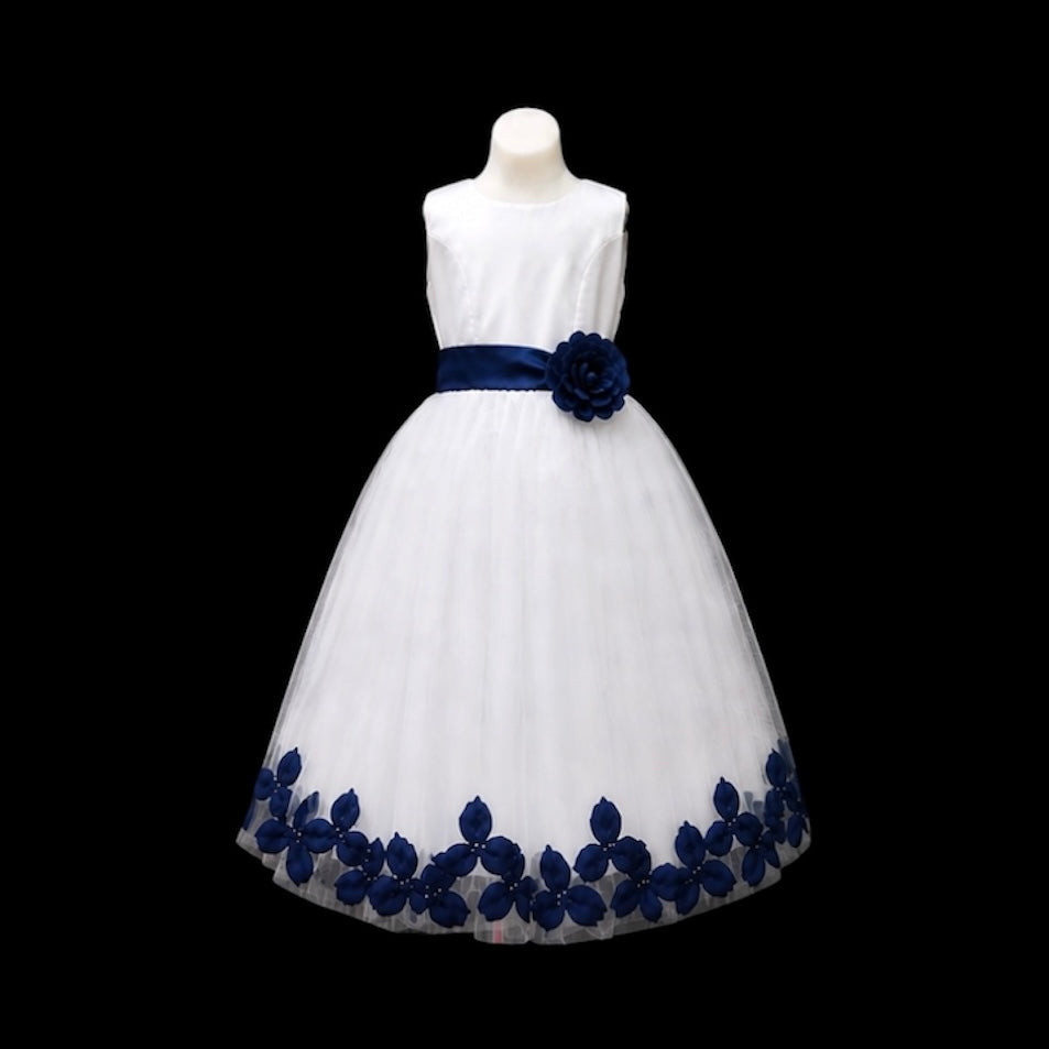 White Tea-Length Tulle Dress with Floral Coloured Petal Skirt & Rosette Waist Detail