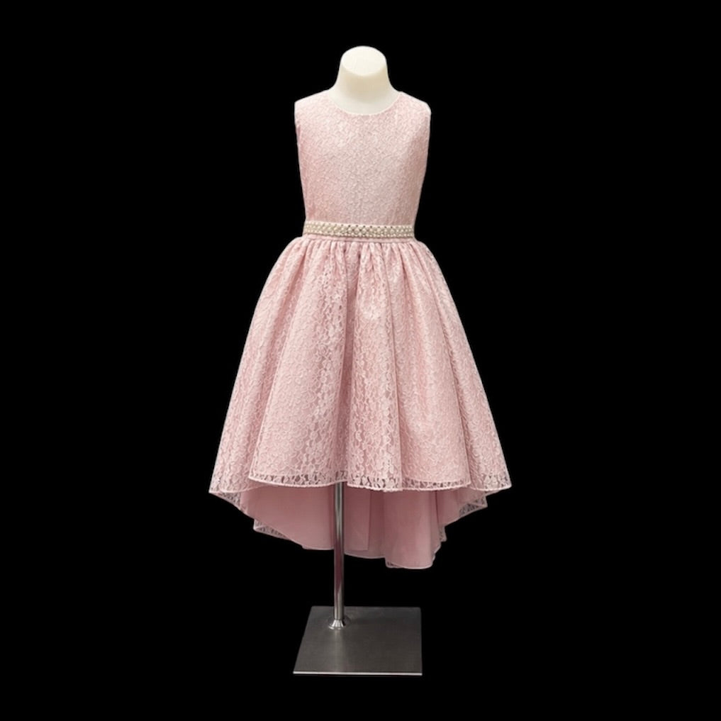 Blush Pink Lace High-Low Dress with Pearl Waist Detail & Oversized Satin Bow Back (Size 10)