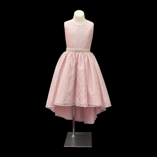 Blush Pink Lace High-Low Dress with Pearl Waist Detail & Oversized Satin Bow Back (Size 10)