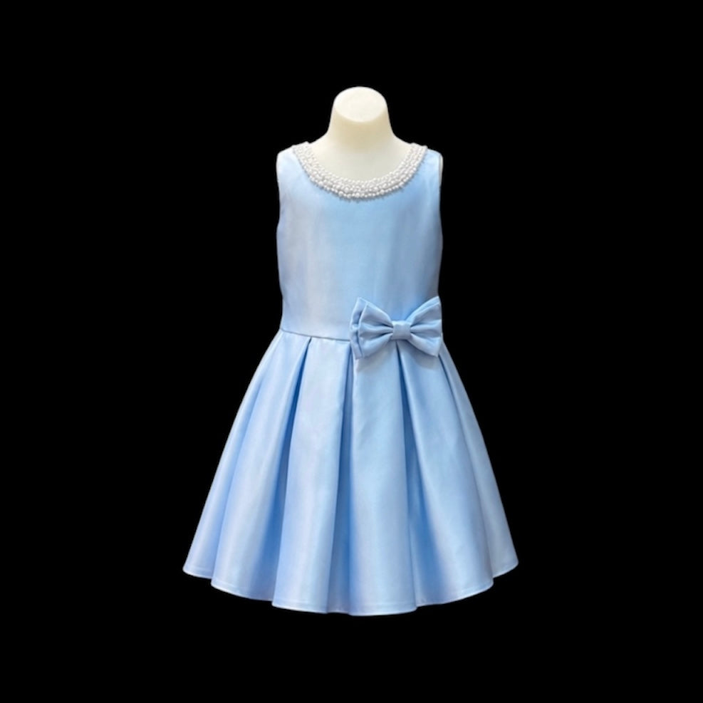 Elegant Light Blue Pearl-Neckline Dress w/ Double Bow Accent