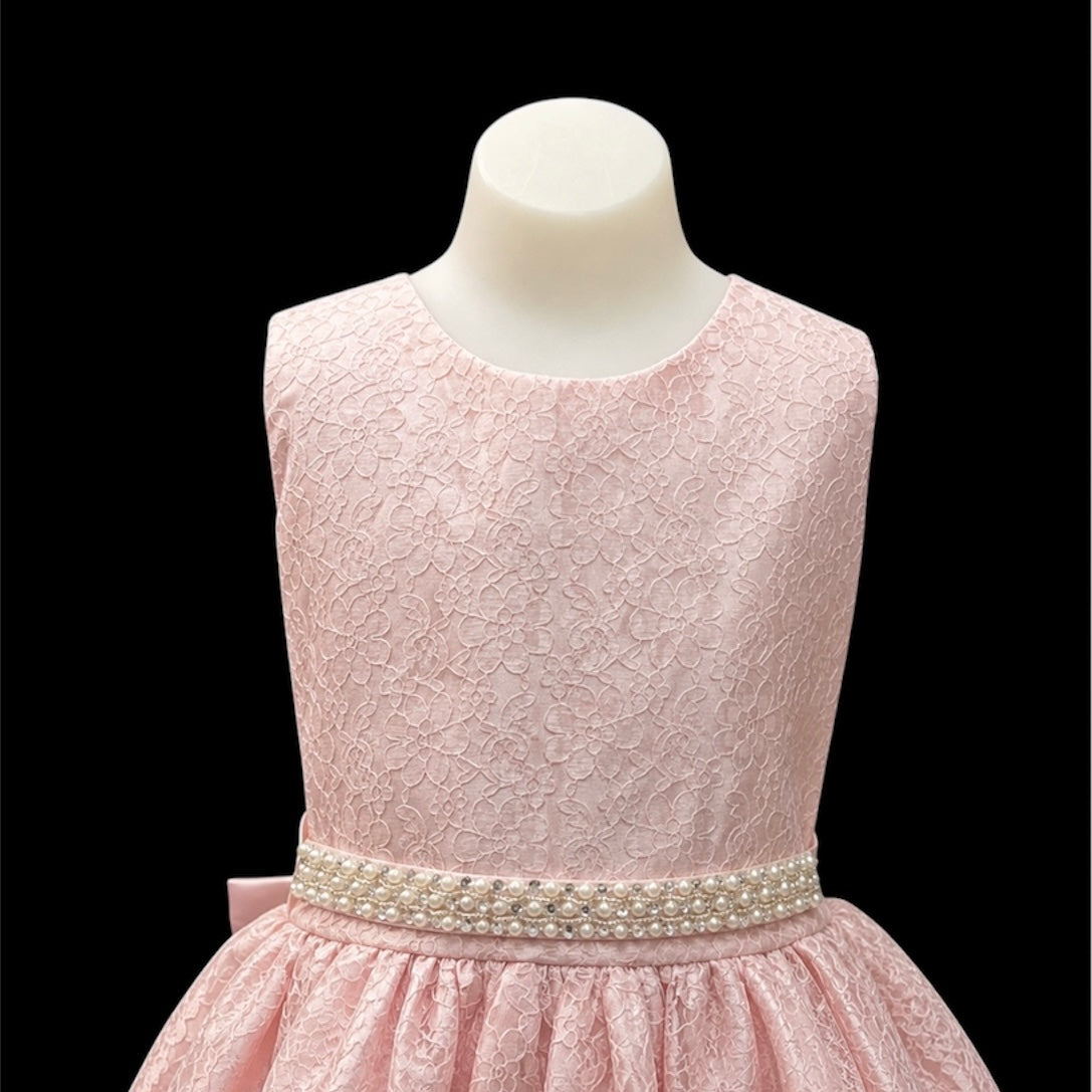Blush Pink Lace High-Low Dress with Pearl Waist Detail & Oversized Satin Bow Back (Size 10)