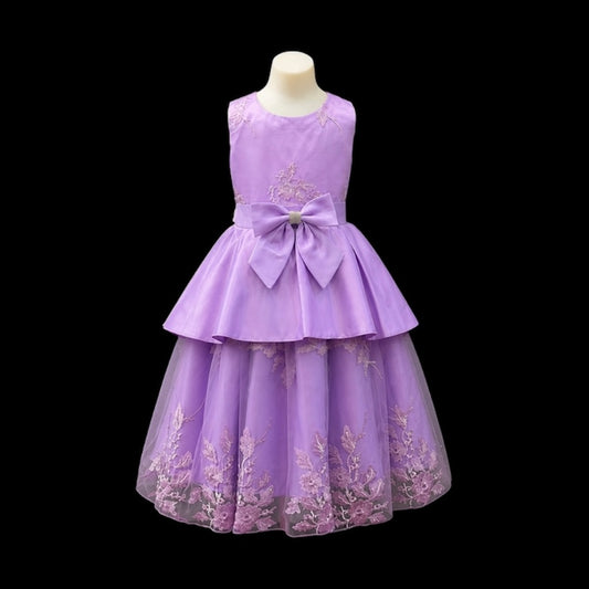 Fancy Kids Lavender Satin & Tulle Embroidered Dress with Rhinestone Bow Waist