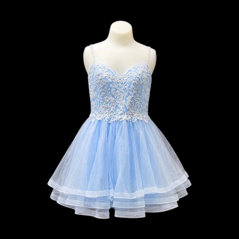 Light Blue Jr. Grad Dress with Lace Embroidered Bodice and Sparkle Tulle Skirt