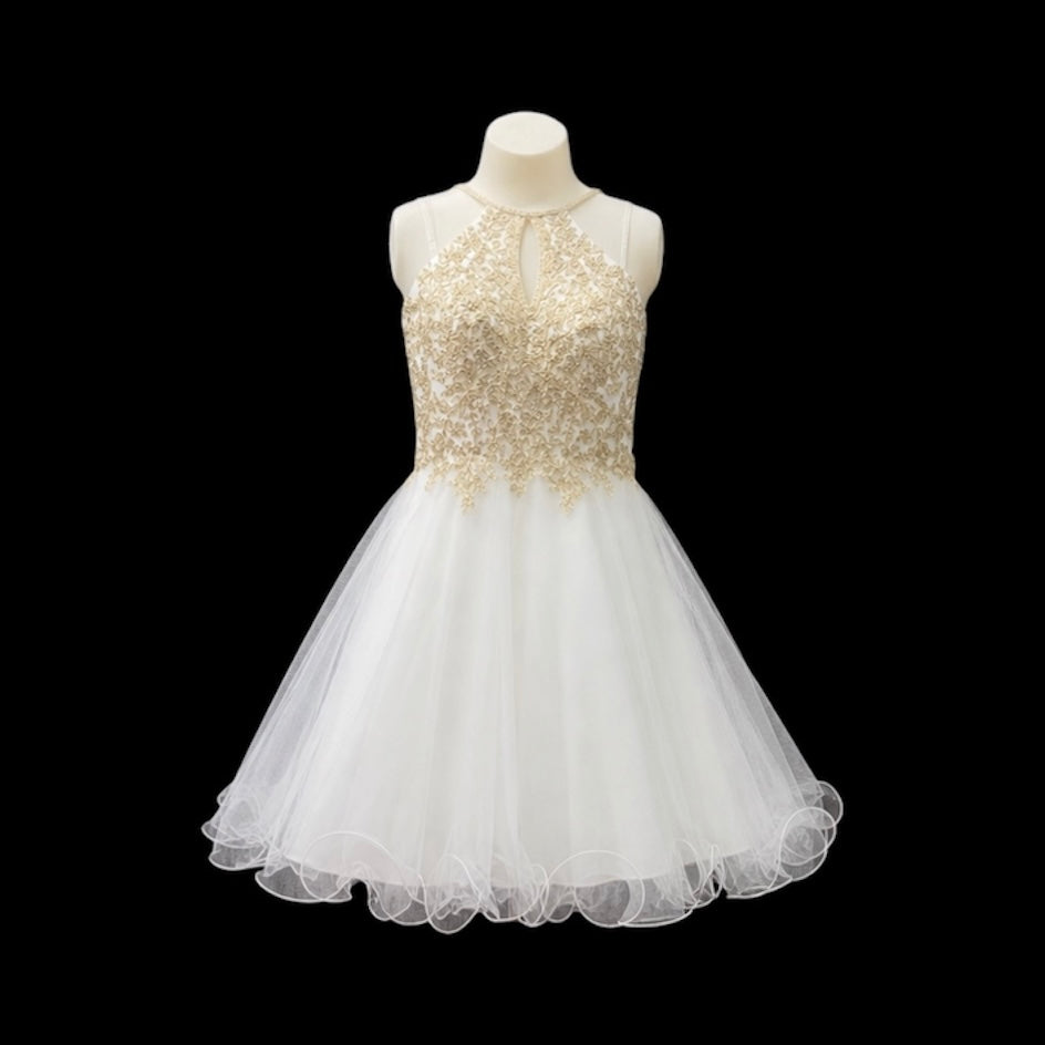 White & Gold Halter Jr. Grad Dress with Embroidered Rhinestone Bodice and Tulle Skirt (M)