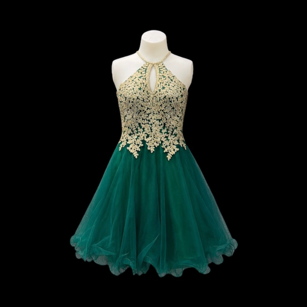 Emerald Green & Gold Halter Jr. Grad Dress with Embroidered Rhinestone Bodice and Tulle Skirt (Small)